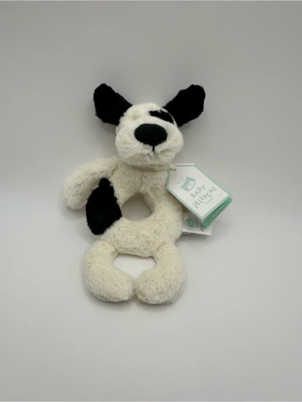 NWT Jellycat Black and White Plush Puppy Teething Ring Toy
